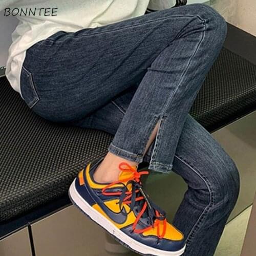 Jeans Women Side-slit Elastic Loose Ankle-Length Washed Pockets Leisure Classic Retro Korean Style Soft Popular Trendy College