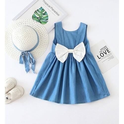 Girls Summer Dress with Hat 2021 New Blue Sweet Kids Clothes for Holiday Beach Sleeveless Backless Toddler Children Clothing