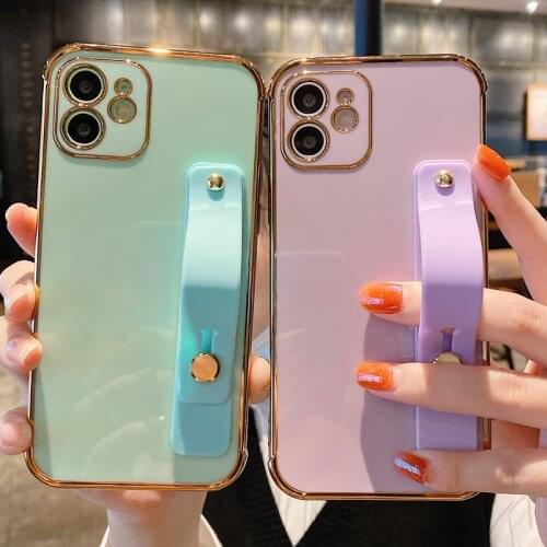 Plating Edge Wrist Strap Phone Case for iPhone 12 Mini 11 Pro Max 8 Plus Wristband Solid Color Shockproof Full Protection Cover
