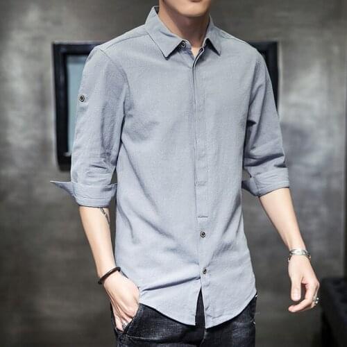 Mens Casual Shirt Tops Button Down 3/4 Sleeves Spring Summer Solid Man Shirts