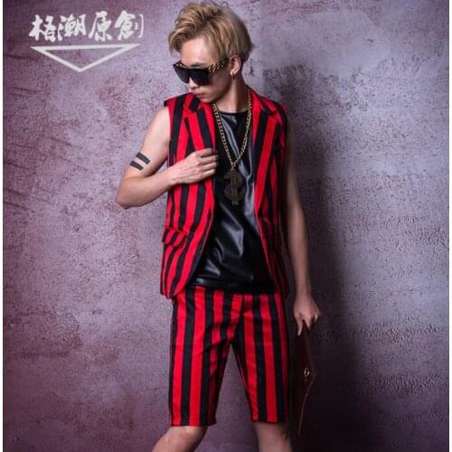 Men vest Red and black stripes classic clothing personality slim male sleeveless vests men singer dance stage star fashion