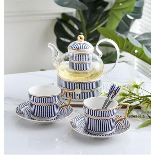 European style teapot bone china coffee cup saucer set hand-painted striped ceramic teapot English afternoon tea drinking set