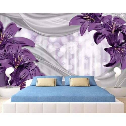 Custom Size 3D Photo Mural Wall Sticker Dreamy Purple Lily Removable Wall Papers Self-adhesive Vinyl Art Home Decor