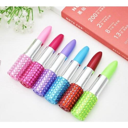 New Creative Lipstick Plastic Ballpoint Pen Kawaii Diamond Lip Gloss For Children Stationery Gift School Student Award Supplies