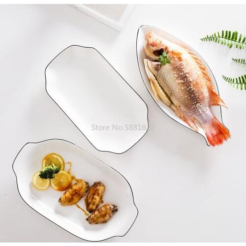 New simple and creative ceramic steamed fish plate deep plate rectangular plate dish household tableware black line good-looking