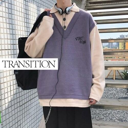Transition store autumn new color-blocking sweater loose student fake two-piece sweater men