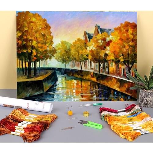 Fall In Amsterdam Printed Water-Soluble Canvas 11CT Cross Stitch Embroidery Patterns DMC Threads Handiwork Adults