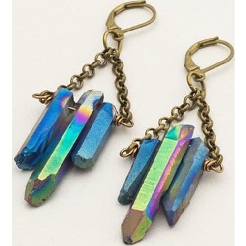 Rainbow Metallic Raw Titanium Quartz Earrings Bronze Crystal Point Green Iridescent Aura Quartz Festival Earrings