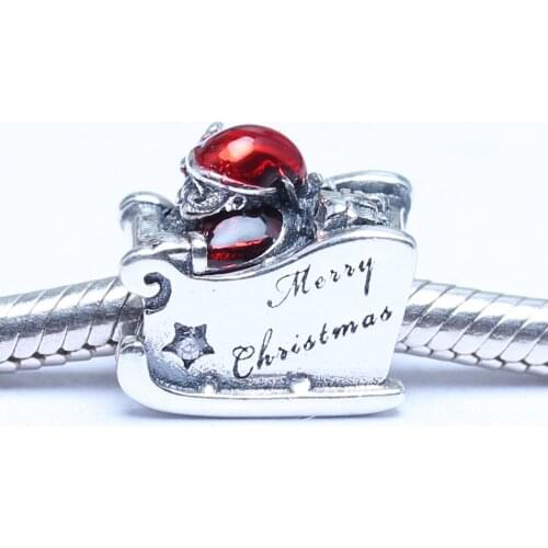 Authentic S925 Bead DIY Jewelry Sleighing Santa Merry Christmas Charm fit Lady Bracelet Bangle Girl Gift