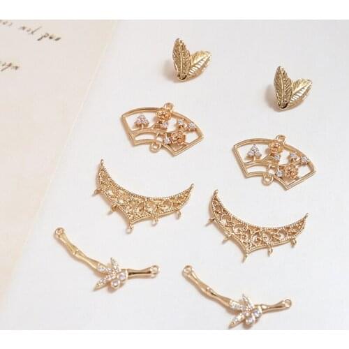 6pcs Ancient style Hollow Rhinestone Earrings for Women fan bamboo leaf crown multi-hanging diy jewelry accessories materials