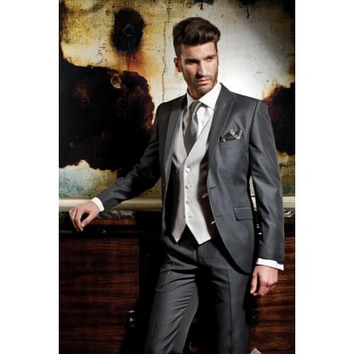 New Style Groom Tuxedo Groomsmen Shinyl Gray Wedding/Dinner/Evening Suits Best Man Bridegroom (Jacket+Pants+Tie+Vest) B7