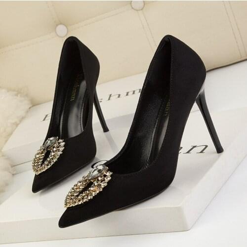 Sexy Banquet Womens Metal Heel Stiletto High Heel Shallow Mouth Pointed Toe Pumps Rhinestone Buckle High Heels Party Dress Shoe