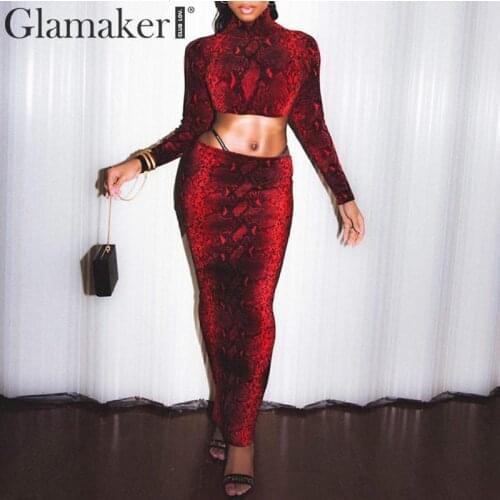 Glamaker snake print crop long dress Women turtleneck long sleeve high waist bodycon dress Autumn ladies sexy party club dress