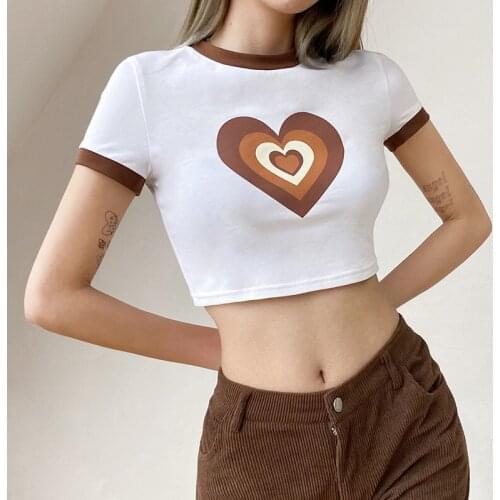 Y2K Women Top Casual Short Tee Shirts Cotton Crew Neck Top Summer Streetwear New Basic Top 2021 Print Short T-shirt