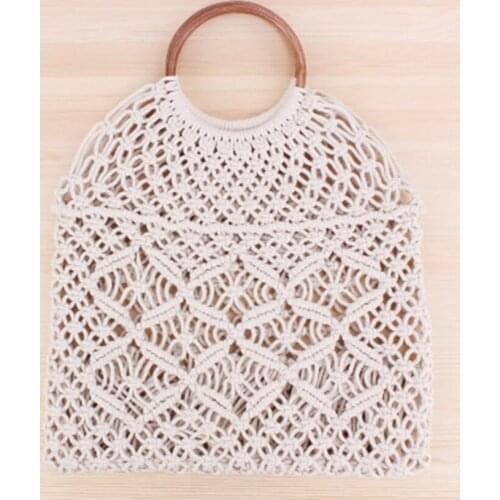 College style new solid color hand-woven bag tide female forest series straw hand-woven cotton rope net pocket beach bag