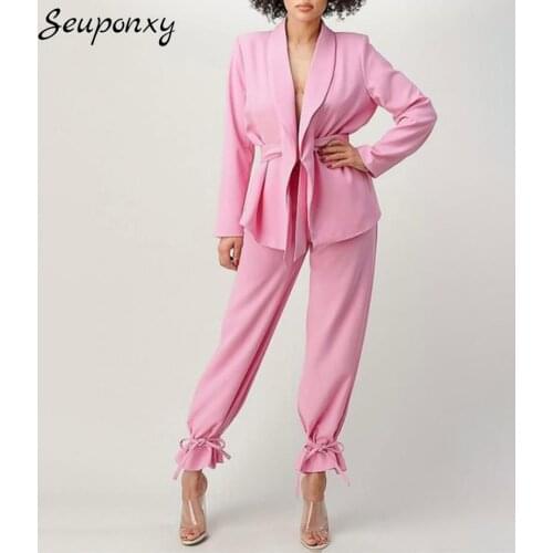 High Quality 2021 Autumn WomenS Pink 2 Two-Piece Set Sexy Lapel Long Sleeve Lace-Up Blazer+ High Waist Pants Casual Set