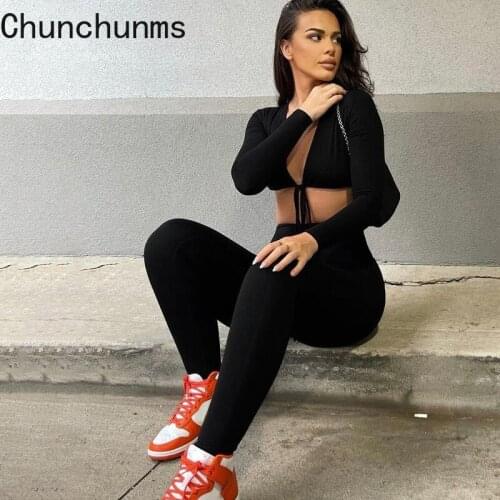 Women Summer Solid Long Sleeves Bandage V Neck Crop Top Leggings 2 Pieces Set Bodycon Sexy Party Club Y2K Fitness Tracksuit 2021