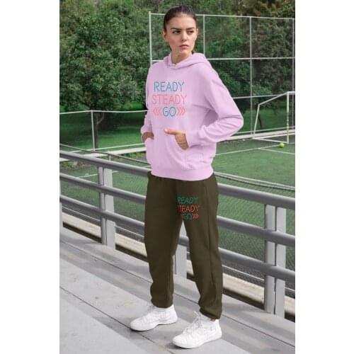 Angemiel Wear Ready Steady Women Tracksuit Set Pink Hooded Sweatshirt Green Sweatpants