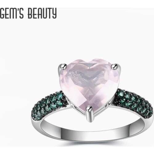 GEMS BEAUTY 925 Sterling Silver Gemstone Statement Ring Natural Heart Rose Quartz Handmade Rings For Women Fine Jewelry
