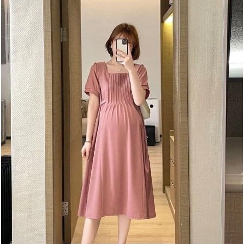 2630# Summer French Style Pleated Slim Waist A Line Maternity Dress Elegant Clothes for Pregnant Women Ties Waist Pregnancy