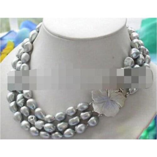 9-10 MM AAA+ gray baroque freshwater Cultured pearl NECKLACE 3 row