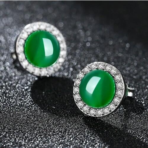 925 Sliver Emerald Jade Jewelry Earrings Chalcedony Agate Diamond Garnet Ear Studs Fashion Charm Amulet Gifts for Women