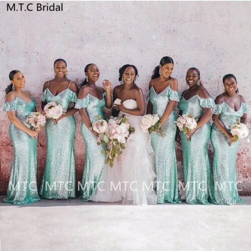 Sparkly Mint Green Sequin Mermaid Bridesmaid Dresses 2021 South African Maid Of Honor Gowns Plus Size Wedding Party Dress Maxi