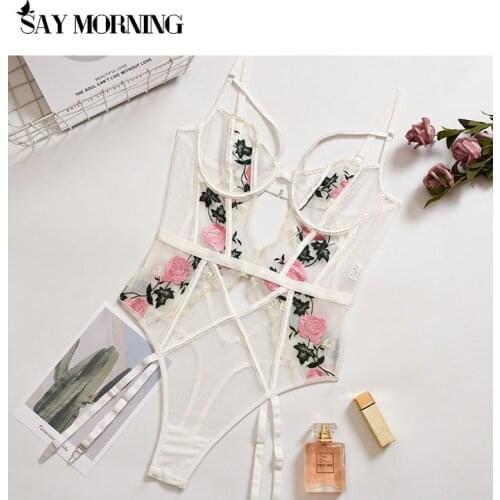 SAY MORNING New Floral Embroidered Mesh Garter Teddy Bodysuit Women Sexy Lace Underwire Lingerie Erotic Babydoll Underwear