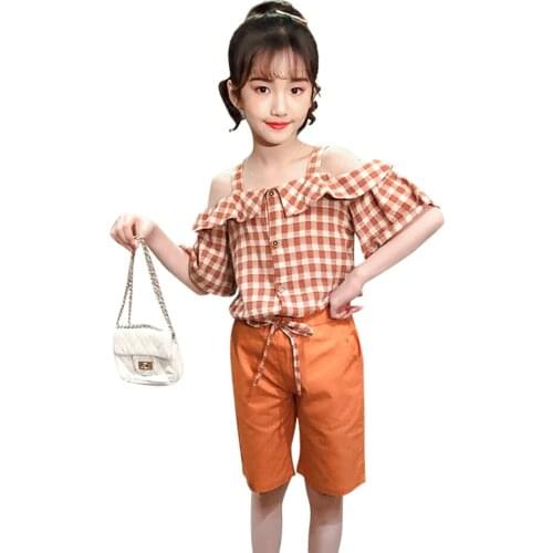 Kids Clothes Plaid Tshirt + Short Childrens Clothes For Girls Casual Style Tracksuit For Girl Summer Kids Clothing 6 8 10 12 14