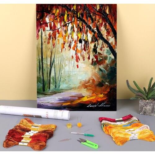 Oil Painting Style Silence Printed Fabric 11CT Cross Stitch Embroidery Set DMC Threads Handicraft Handmade Handiwork Decor
