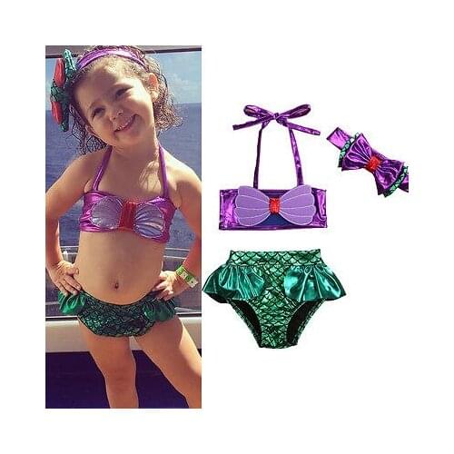 3Pcs Kids Toddler Baby Girl Mermaid Swimsuits Halter Swimwear Bikini Set