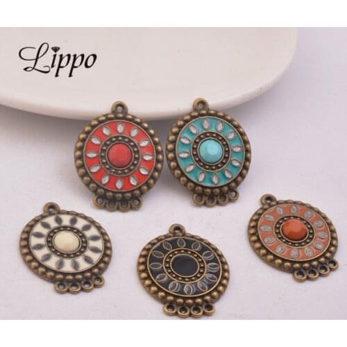 12pcs Antique Bronze Round Red Earring Connector Enamel Earrings Pendant Base Connector DIY Jewelry Connector