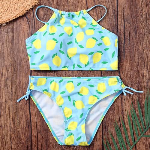 7-14 Years Lemon Girls Swimsuit Kids Halter Top Girl Bikini Set Two Piece Childrens Swimwear Girls Bathing Suit Beachwear 2022