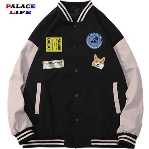 Hip Hop Patchwork Baseball Jacket Men Japanese Style Corgi Print Men Bomber Jacket Casual School Wear Coat Harajuku 2021 Spring