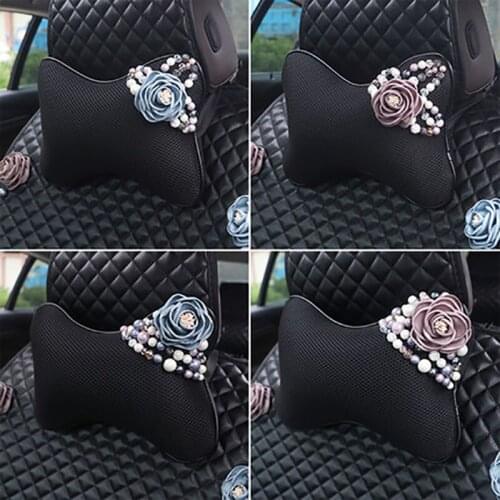 Summer Ice Silk Car Seat Neck Support Pearl Mesh Headrest Pillow Auto Safety Tulip Flower Head Cushion Pililows For Girls Women