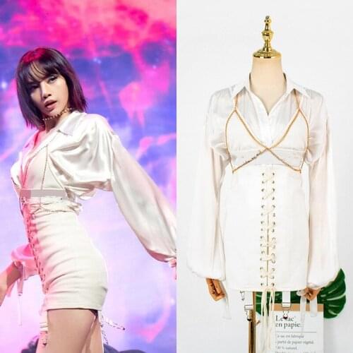 Kpop Korean Celebrity Fashion Sexy Lapel Long Sleeve Shirt Sling Vest Tops+White Slim Lace-up Package Hips Mini Skirt Women Sets