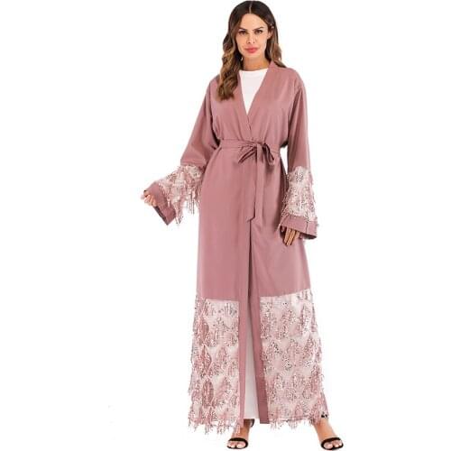Muslim Sequins Mesh Nid Abaya Arab Islamic Turkish UAE Maxi Dress Cardigan Tunic Long Robe Gowns Kimono Ramadan Worship Service