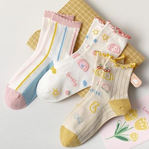 Sweet Lovely Socks for Girls Women Pink Yellow Dog Bow Knot Spring Autumn Cotton Breathable Comfortable Short Socks calcetines