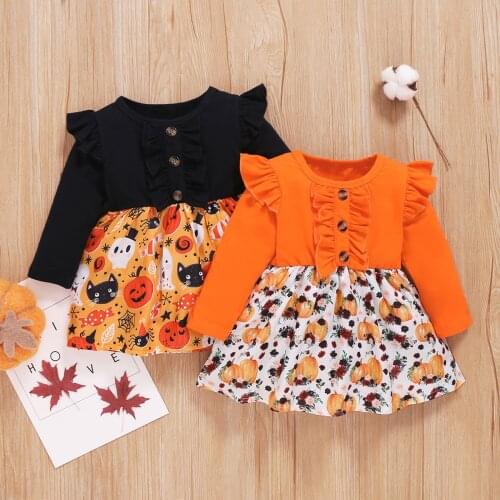 Autumn Dresses For Girls Toddler Baby Girls Halloween Cartoon Printed Ruffles Princess Dress Girl Clothing одежда для девочек