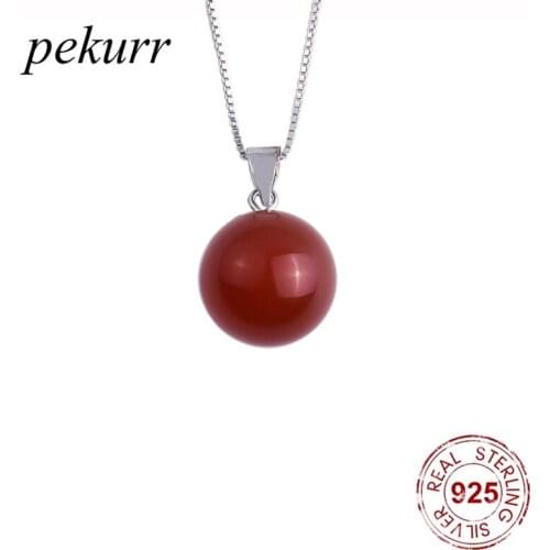 Pekurr 925 Sterling Silver Round Agate Bead Ball Necklaces For Women Zircon Long Chain Pendants Fashion Jewelry Accessories