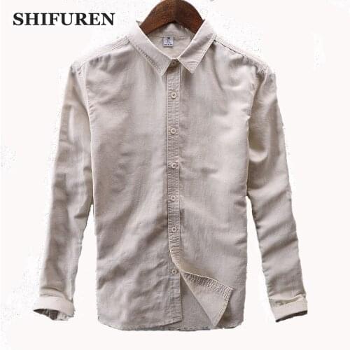 SHIFUREN High quality Soft Breathable Mens Cotton Linen Shirts Long Sleeve Causal Button-down Dress Shirts Plus Size S-XXXL