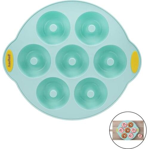 Silicone Donut Baking Pan Molds Tray Bakeware 7 Cavity/Reinforced Metal Core Handle Grip - Non Stick BPA Free Dishwasher safe