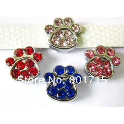 As gift wholesales price 100pcs paw Internal Dia.8mm slide Charms can through 8mm Belt Zinc alloy and mix color Rhinestone