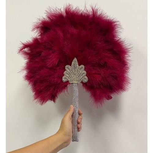 Wine Custom African Wedding Feather Hand Fan with Stones Feather Dance Fan Handmade Bride Hand Held Photo Props Wedding Favors