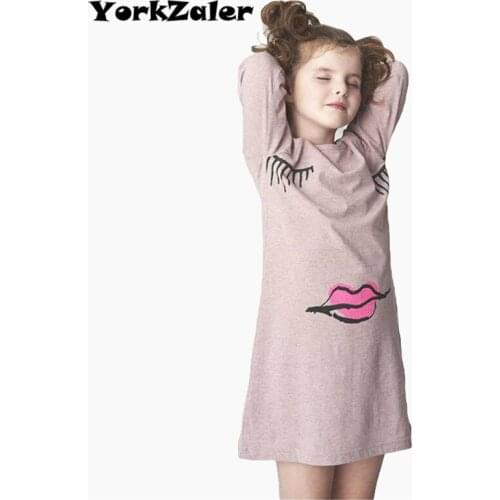 YorkZaler Girls Dress Girl Clothing Autumn Long Sleeve Print Eyelashes Mouth Kids Dress For Girls Party Dress Princess Dress