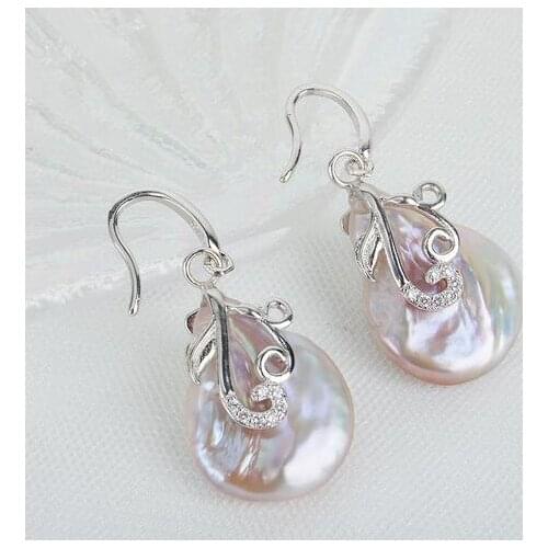 Jewelry 100% Natural freshwater Pearl Purple Baroque Earring 925 sterling Silver hook drop pair
