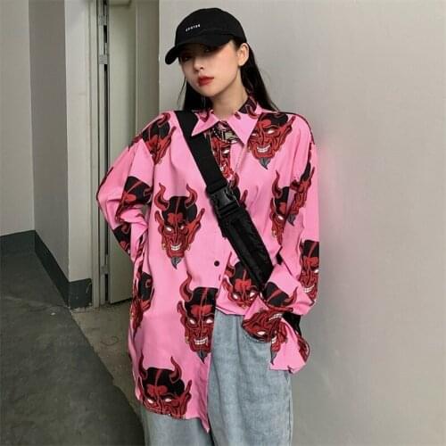 Harajuku Shirt Women Emo Print Blouse Grunge Korean Style Button Up Shirt Ladies 2021 Anime Blouses Gothic Clothes Ulzzang