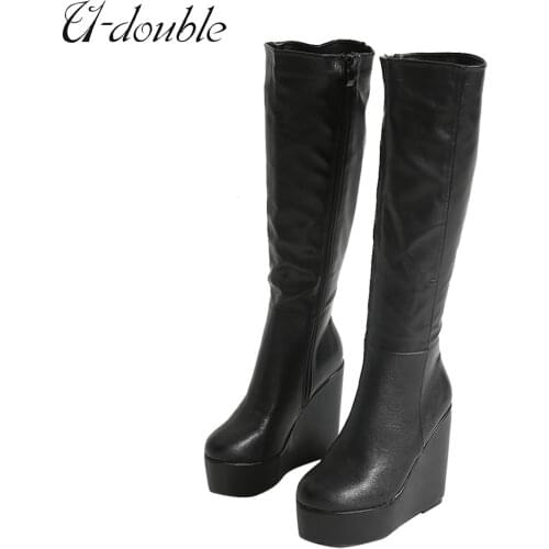 U-DOUBLE Women Fashion Platform Boots Chunky Heel Wedges Mid Calf Zip Ladies Boots Casual Brand Thick Bottom Winter Shoes Woman
