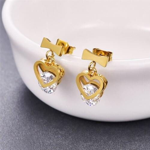 Martick Sweet Romantic Jewelry Brincos Lovely Heart Bone With Heart Cubic Inlaid Stud Earrings For Women Present E194