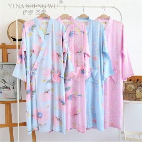 Wholesale spring and summer Japanese rayon womens home robe thin kimono long size cotton silk nightgown pajamas bathrobe